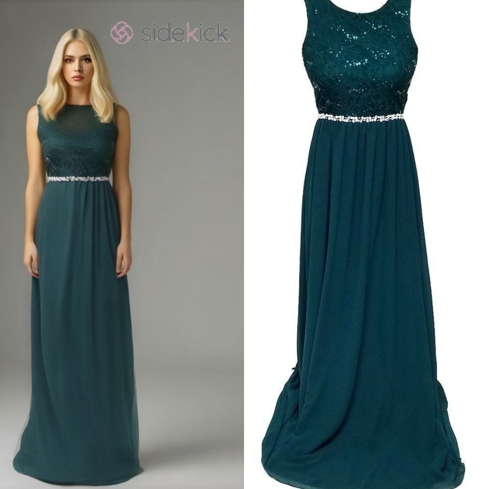 90s Vintage Xtraordinary Green Lace Sequin Cut-out Back Chiffon Skirt Maxi Dress